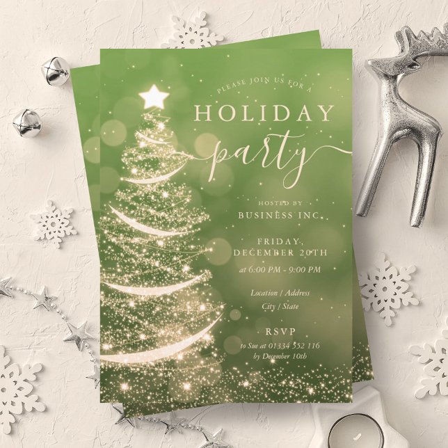 Convites Feriado da Companhia de Árvore de Natal Verde Dour (Elegant Gold Green Christmas Tree Company Holiday Invitation)
