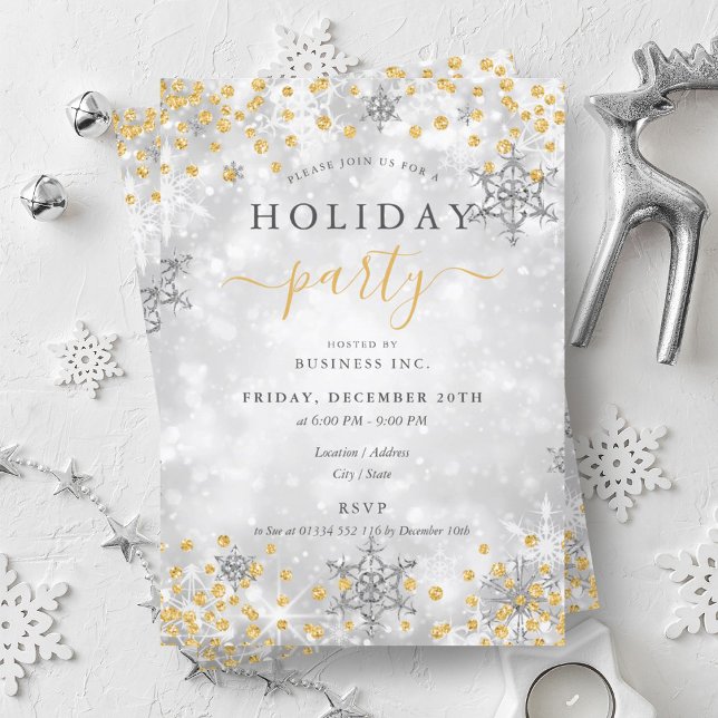 Convites Feriado da Elegante Dourada Silver Xmas Winter Com (Elegant Gold Silver Xmas Winter Company Holiday Invitation)