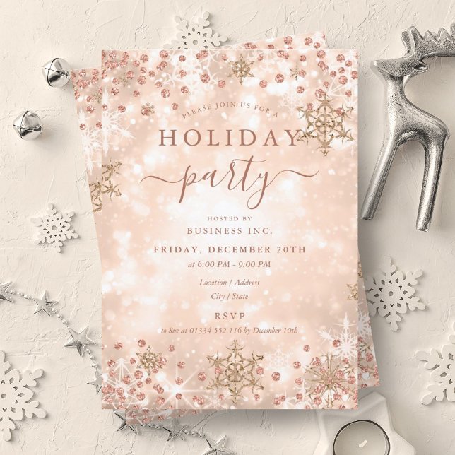 Convites Feriado da Elegante Rosa Dourada Xmas Winter Compa (Elegant Rose Gold Xmas Winter Company Holiday Invitation)