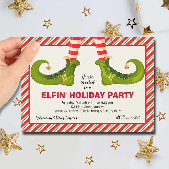 Convites Feriado das Pernas do Elfo de Natal (Jolly Christmas Elf Legs Stripes Holiday Party Invitations)