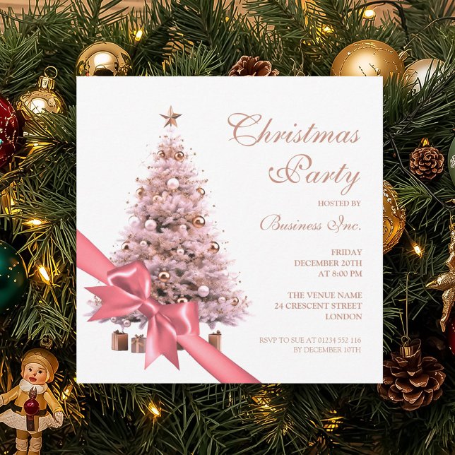 Convites Feriado de Arco de Árvore de Natal Dourada para Ro (Corporate Rose Gold Christmas Tree Bow Holiday Invitation)