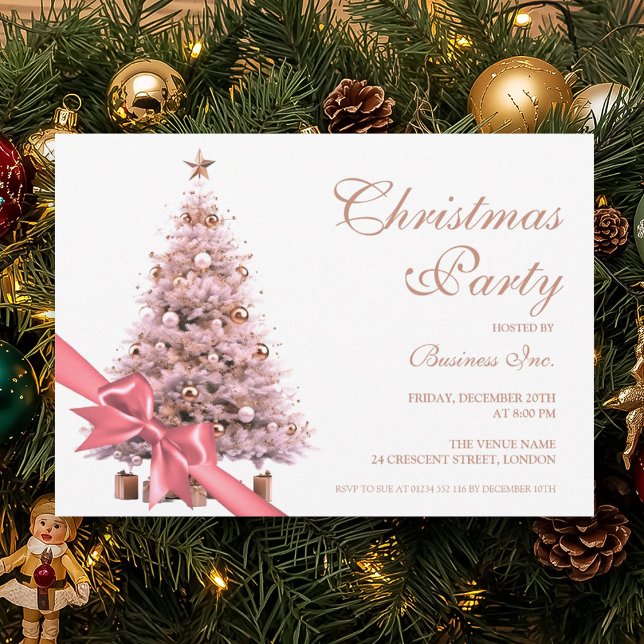 Convites Feriado de Arco de Árvore de Natal Dourada para Ro (Corporate Rose Gold Christmas Tree Bow Holiday Invitation)