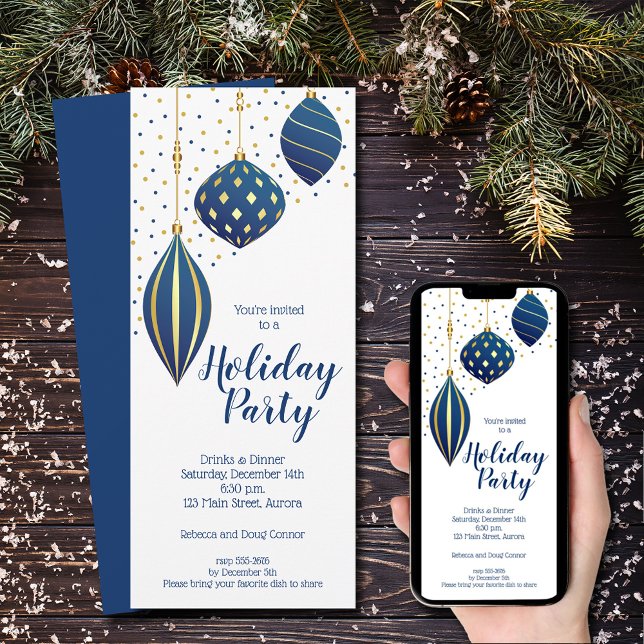 Convites Feriado de Enfeites de natal Dourados azuis (Blue and gold Christmas tree ornaments holiday party invitations)