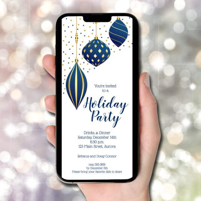 Convites Feriado de Enfeites de natal Dourados azuis (Blue Gold Christmas Ornaments Holiday Invitations - INSTANT DOWNLOAD and/or PRINTED)