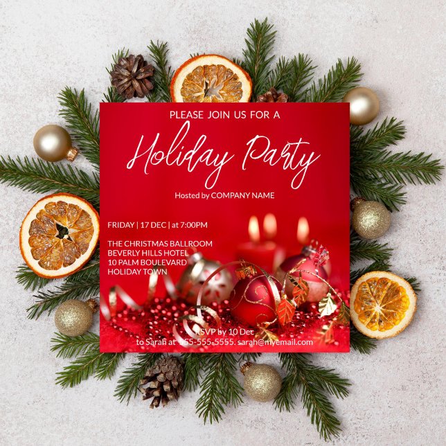 Convites Feriado de fundo vermelho e dourado (Christmas Holiday party editable template invitation digital download red baubles gold corporate )