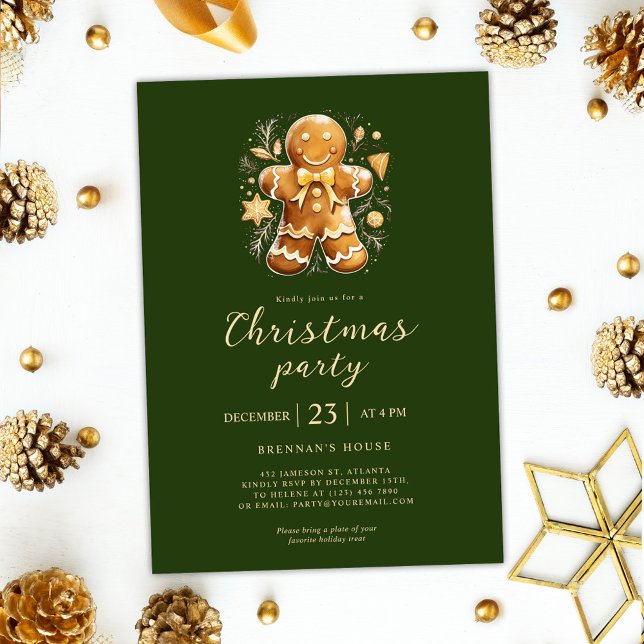 Convites Feriado de Gingercake de Natal Verde (Green Christmas Party Gingerbread Holiday Invitation)