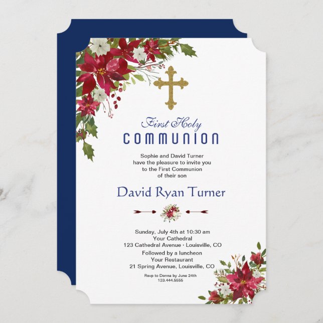 Convites Feriado de inverno Poinsettia Branca Santa Comunhã (Frente/Verso)