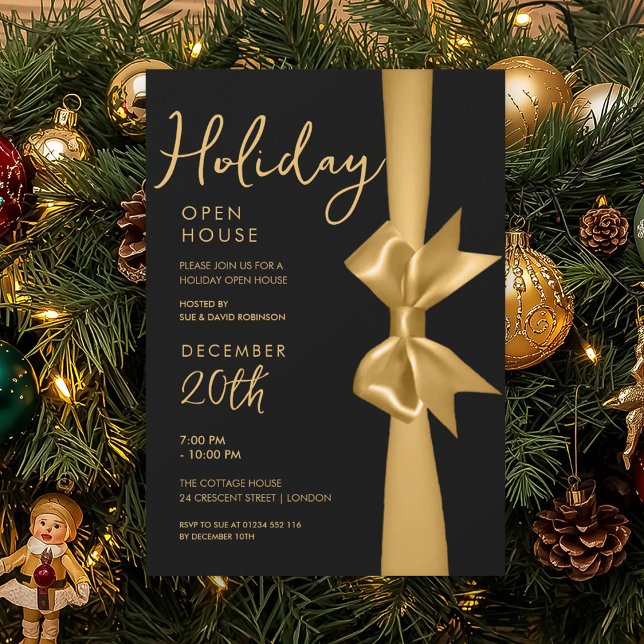 Convites Feriado de Natal Aberto Casa Dourada Fita Preta (Christmas Holiday Open House Gold Ribbon Black Invitation)