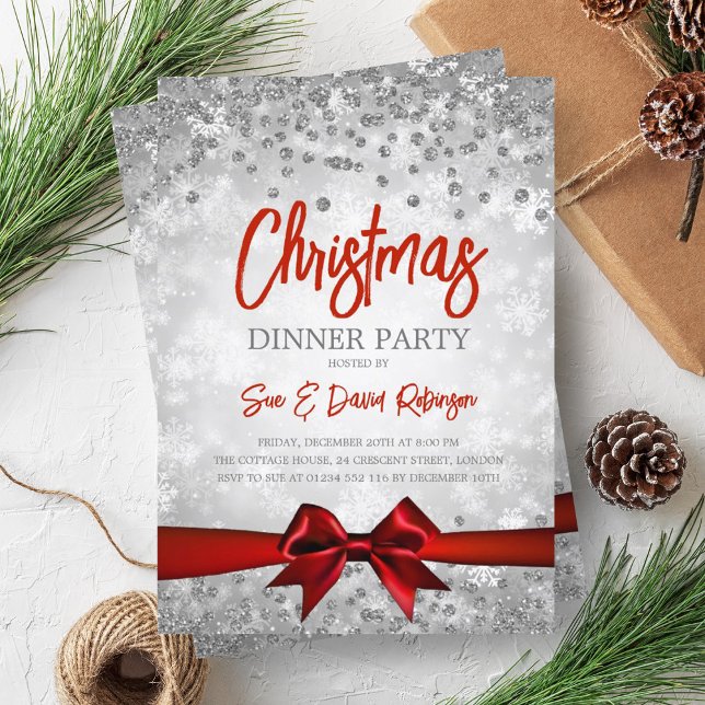 Convites Feriado de Natal da Fita do Silver Red Glitter (Silver Red Glitter Ribbon Christmas Holiday Invitation)