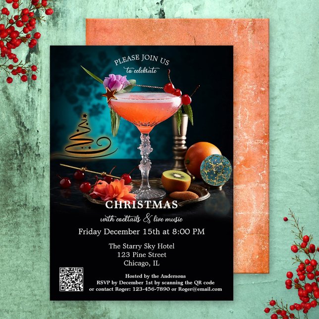 Convites Feriado de Natal do Cocktail Original da Arte Mode (A modern art Christmas holiday invitation showing a still life with a festive cocktail. With QR code)