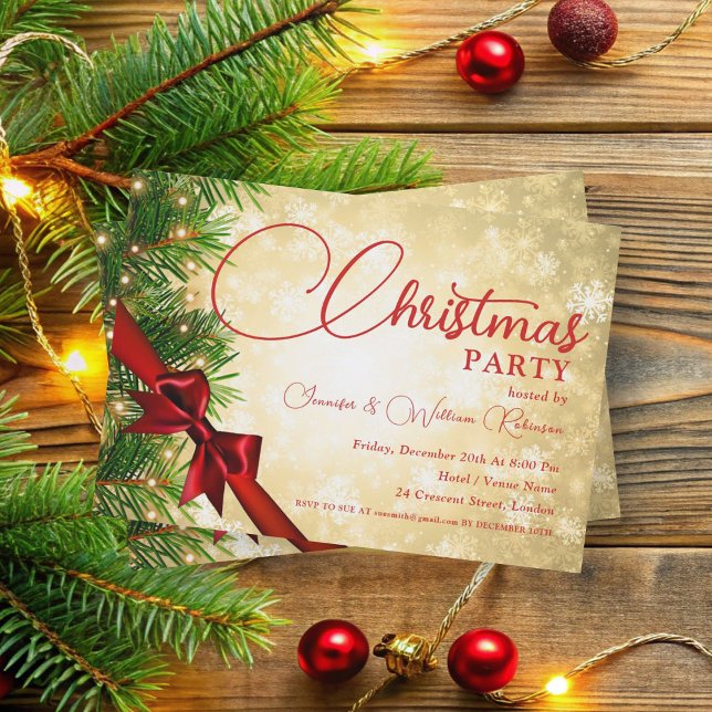 Convites Feriado de Natal Dourado do Elegante (Elegant Ribbon & Pine Gold Xmas Holiday Invitation)