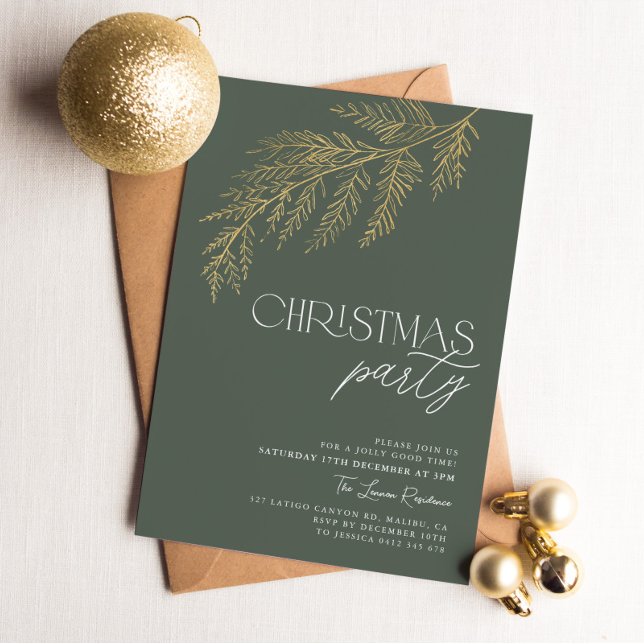 Convites Feriado de Natal Moderno com Folha Verde Dourada (Green and Gold Christmas Party Invitation)