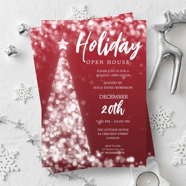 Convites Feriado de Natal MODERNO - Festa Aberta de Casa Ve (MODERN Christmas Holiday Open House Party Red Invitation)