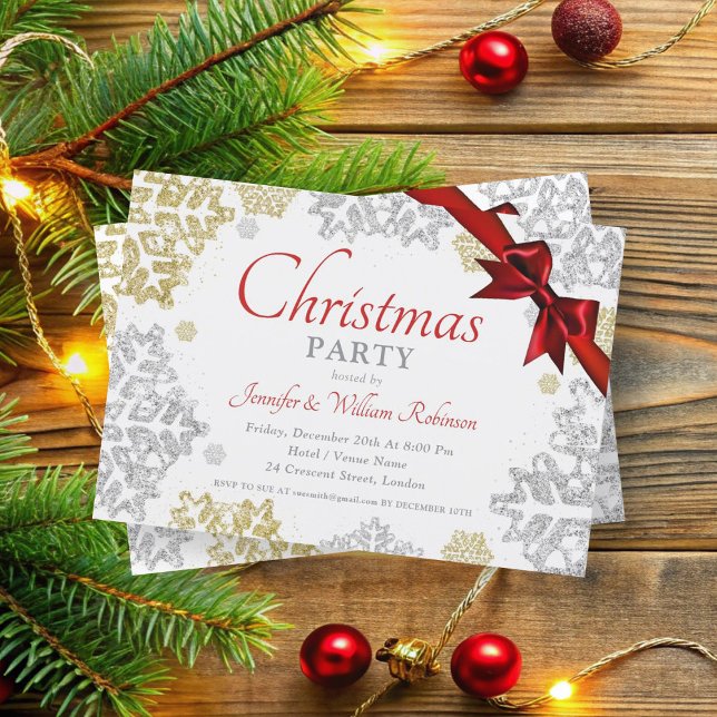 Convites Feriado de Natal Simples e Flocos de Neve Dourados (Simple Gold & Silver Snowflakes Xmas Holiday Invitation)