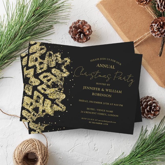 Convites Feriado de Neve Clássico Dourado do Xmas Xmas (Classy Gold Glitter Xmas Snowflake Holiday Black Invitation)