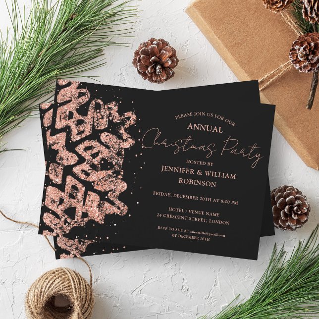 Convites Feriado de Neve, Floco de Neve, Glitter Dourado ro (Rose Gold Glitter Xmas Snowflake Holiday Black Invitation)