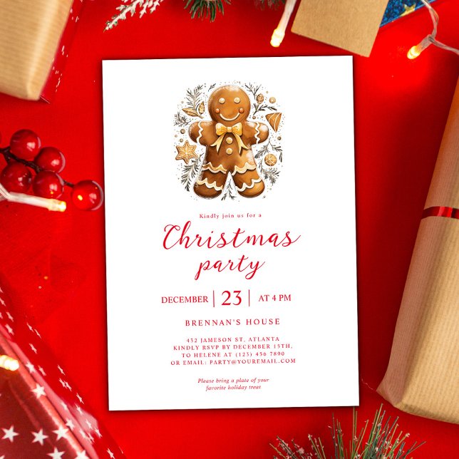 Convites Feriado Dourado de Pão de Gengala do Partido do Na (Modern Christmas Party Gold Gingerbread Holiday Invitation)