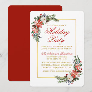 Convites Feriado Dourado de Poinsettia Watercolor Vermelho
