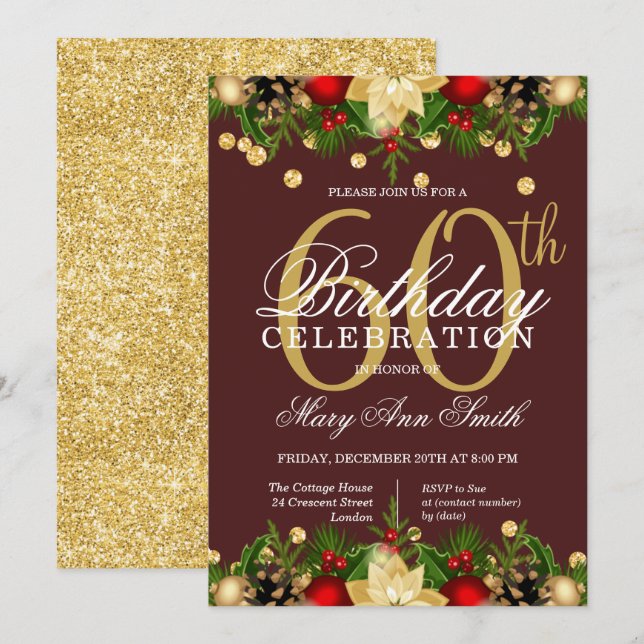 Convites Feriado Dourado e Borgonha - 60º Aniversário (Frente/Verso)