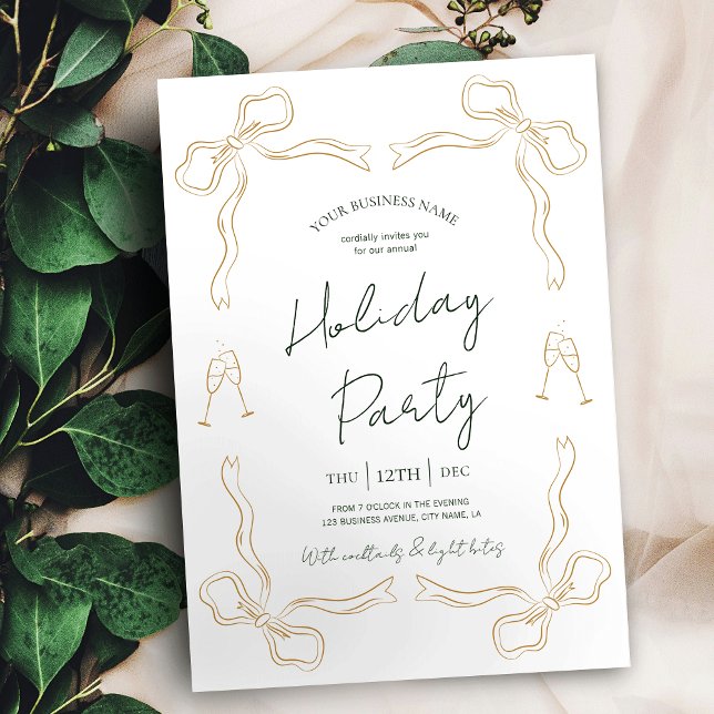 Convites Feriado Dourado Verde Único Desenho à Mão (Elegant holiday party invitations for your business event)