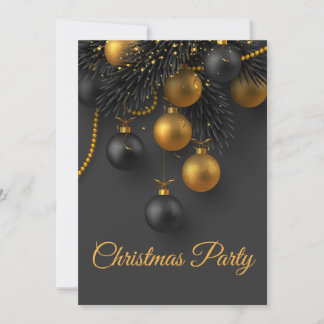 Convites Feriado Elegante de Bolas de Natal Pretas e Dourad