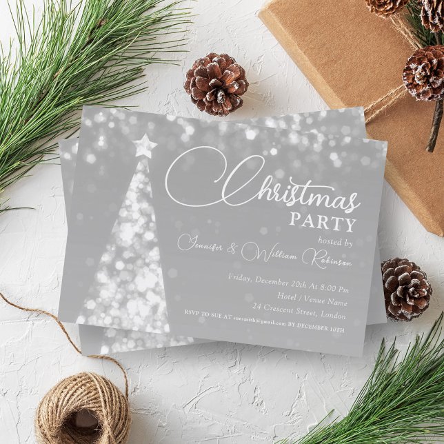 Convites Feriado em Árvore Xmas de Shimmering Elegante (Elegant Silver Shimmering Xmas Tree Holiday Invitation)