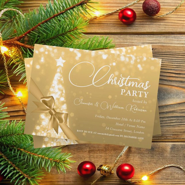 Convites Feriado em Árvore Xmas Dourado Elegante (Elegant Gold Shimmering Xmas Tree Holiday Invitation)