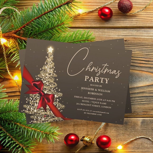 Convites Feriado em Árvore Xmas Dourado Elegante (Elegant Gold Shimmering Xmas Tree Holiday Invitation)