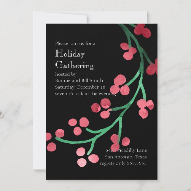 Convites Feriado Festa de Aquarela Berry Branch Red Green (Frente)