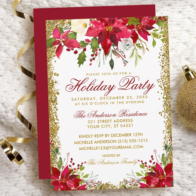 Convites Feriado Festa Vermelha Glitter Dourada Poinsettia  (Customize to change text color, size, style or to change color of back of card.)