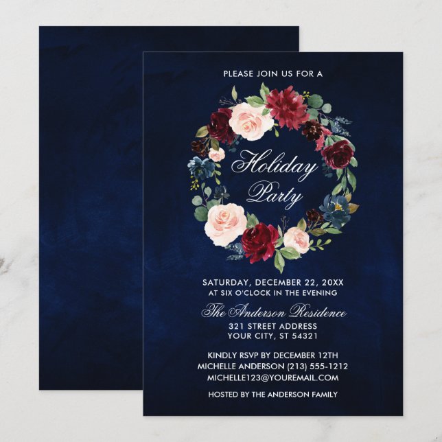 Convites Feriado Floral de Feriado de Feriado de Wreath Ele (Frente/Verso)