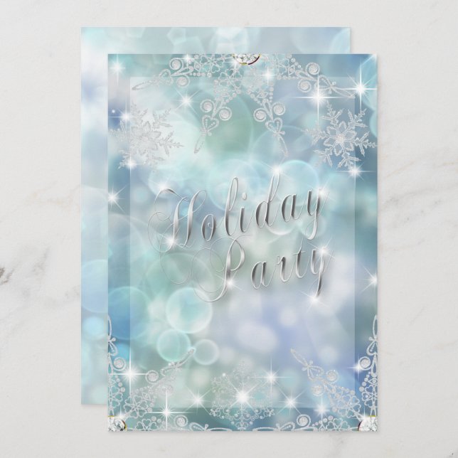 Convites Feriado Glitzy Snowflake Ice Blue Bokeh (Frente/Verso)