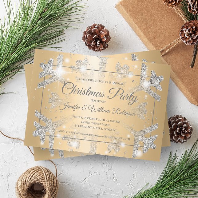 Convites Feriado Luxuoso de Neve de Prata Dourada (Luxurious Silver Glitter Snow Xmas Holiday Gold Invitation)
