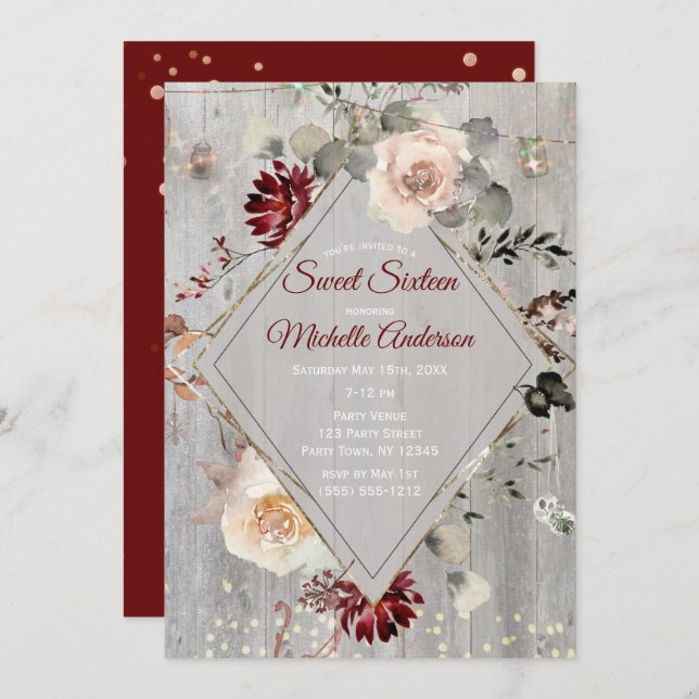 Convites Feriado Luz Borgonha Floral Doce Sessenta Festa (Frente/Verso)