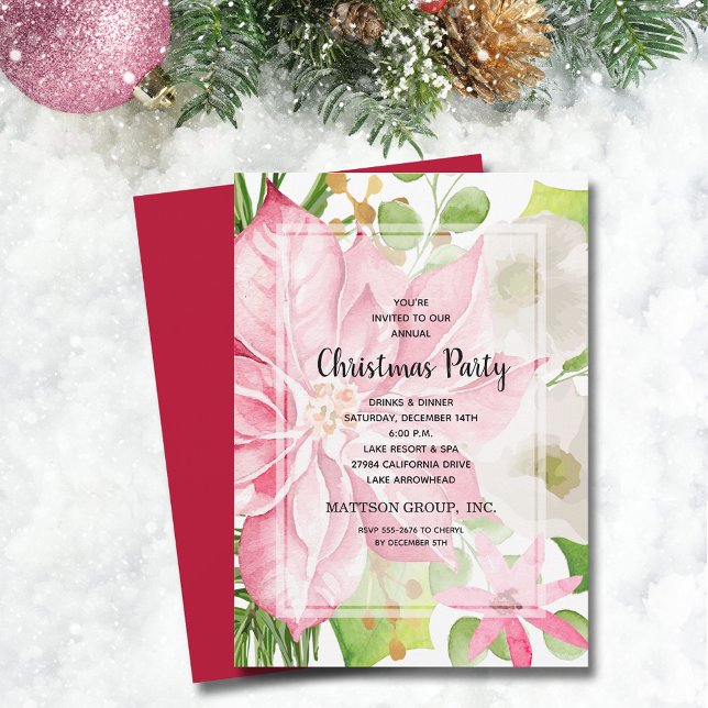 Convites Feriado Natal Poinsettia Rosa Floral (Christmas Holiday Pink Poinsettia Floral Invitations)