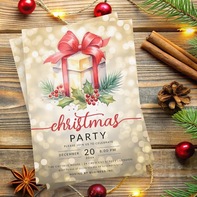 Convites Feriado Natal Watercolor Company Bokeh Dourado (Christmas Holiday Watercolor Company Bokeh Gold Invitation)