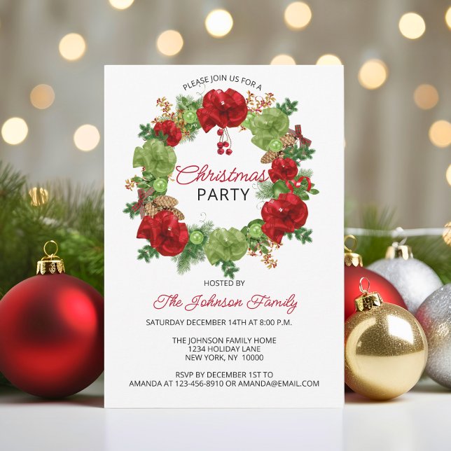 Convites Feriado NATAL Wreath White Red Green (Holiday CHRISTMAS PARTY Wreath White Red Green Invitation)