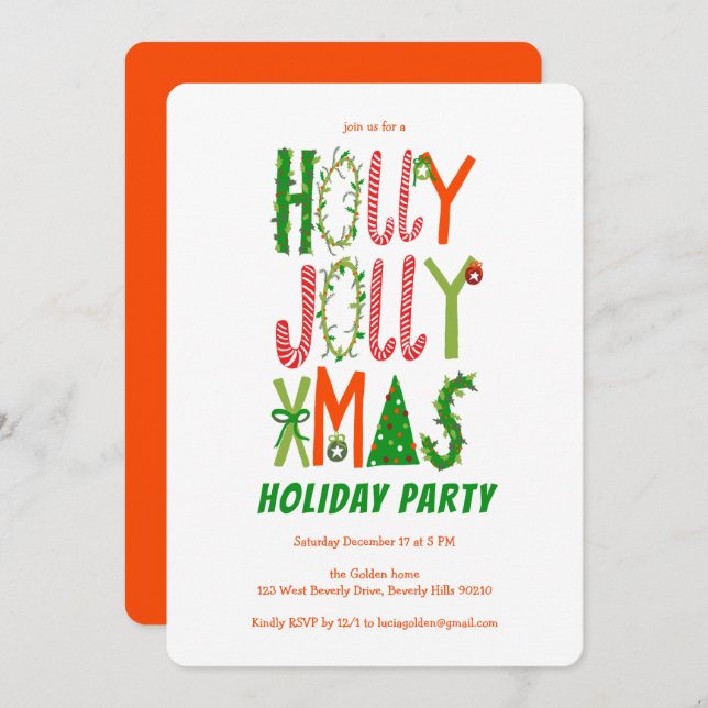Convites Feriado PERSONALIZADO de Natal Holly Jolly Drawn (Frente/Verso)