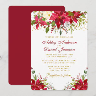 Convites Feriado Poinsettia Floral Red Dourada Glitter