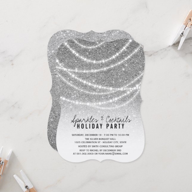 Convites Feriado Prata Glitter Sparkles E Cocktail Party (Frente/Verso In Situ)