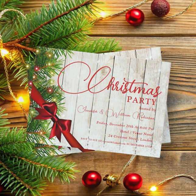 Convites Feriado Russo Elegante de Fita e Pine Xmas (Elegant Rustic Ribbon & Pine Xmas Holiday Invitation)