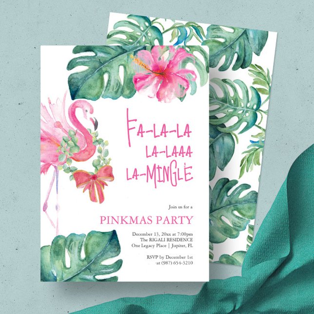 Convites Feriado Tropical Watercolor Flamingo (Christmas invitation with watercolor pink flamingo and palm leaf art by Victoria Grigaliunas pinkmas)
