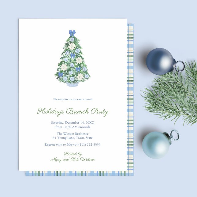 Convites Feriados de Árvore de Aquarela High-End BrunParty (Holidays Brunch Party invite featuring maximalist holidays tree decorated in blue and white)