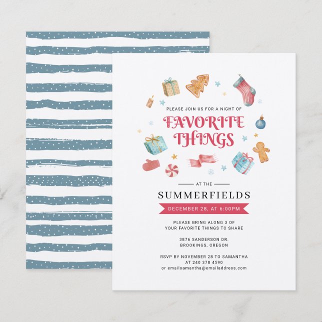 Convites Feriados de Natal de 2022 Coisas Favoritas Aquarel (Frente/Verso)