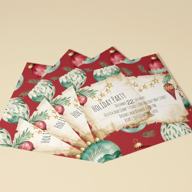 Convites Feriados Russos Vermelhos e Verdes (Red and green holiday baubles with antiqued paper and gold stars festive customizable party invites.)