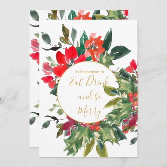 Convites Férias de Natal Holly Wreath Dourado (Frente/Verso)