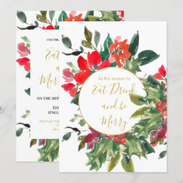 Convites Férias de Natal Holly Wreath Dourado