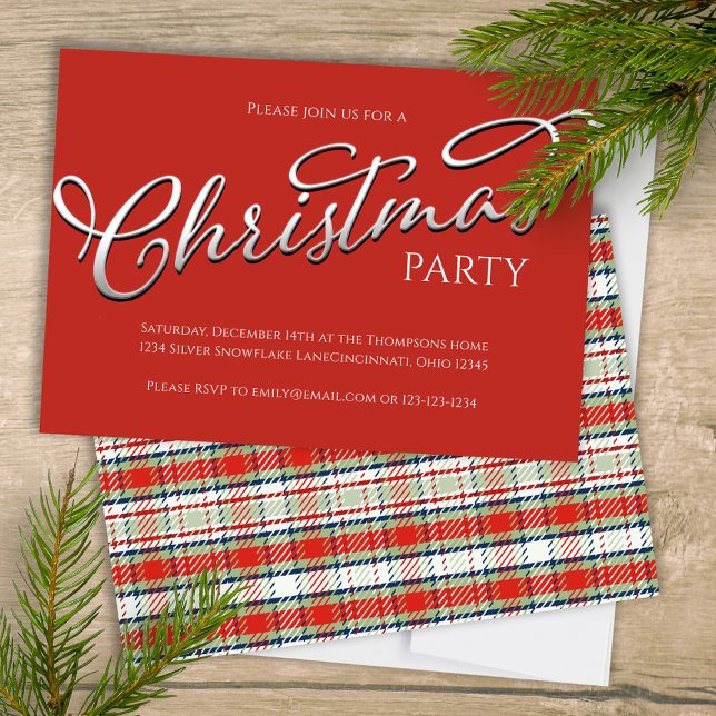 Convites Férias de Natal Simples Xadrez Festiva Vermelha de (Merry Christmas holiday festive red plaid background with stylish calligraphy script. )