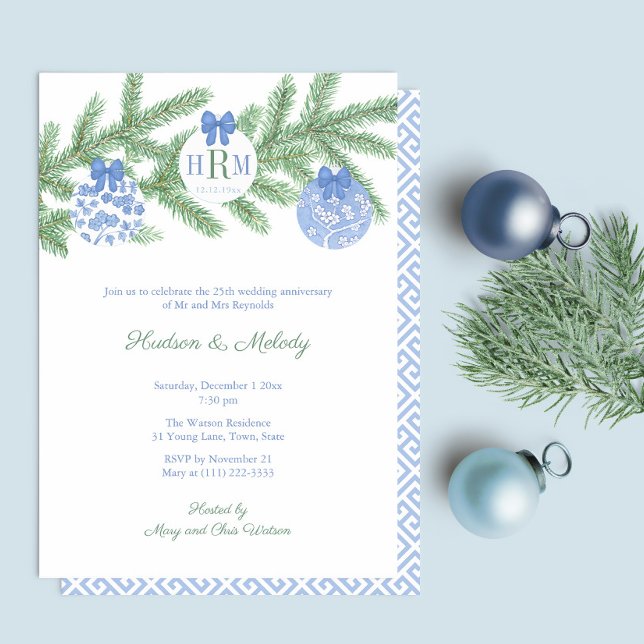 Convites Férias Inteligentes Monograma Casamento Festa de A (Wedding Anniversary Party Invitation Featuring Fir Tree Branch With Blue And White Baubles)