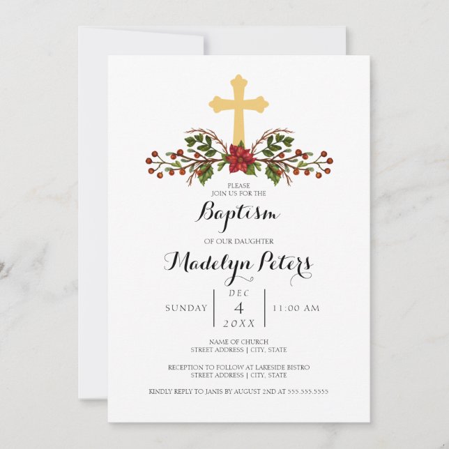 Convites Férias Winter Wreath Dourado Cross Baptism (Frente)